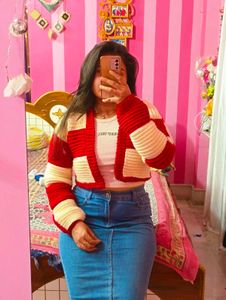 Red &amp; Cream Crochet Patchwork Cardigan