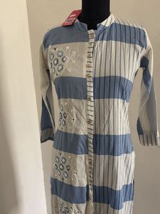 Blue &amp; White Striped Embroidered Kurti