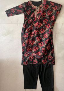 Floral Black Suit with Embroidered Neckline