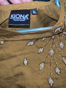 Beautiful Mustard Golden Stiched Pearl kurta