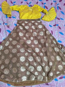 Yellow &amp; Brown Embellished Lehenga