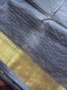 Elegant Grey &amp; Gold Checked Saree