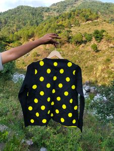 Polka Dotted Black And Yello Ribbed Top