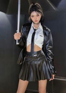 Pleated Black Leather Skirt