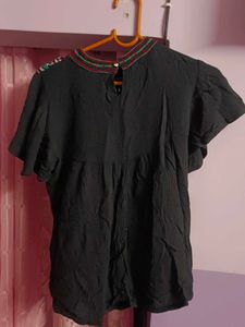 Casual Sleeveless Embroidered Black Top