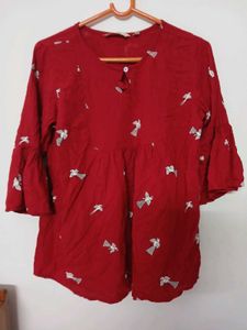 Red Bird Print Top