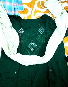 Elegant Dark Green Kurti Set ( Bottom &amp; Dupatta)