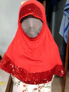 Red Sequin Ethnic Hijab Scarf For Little Girls.