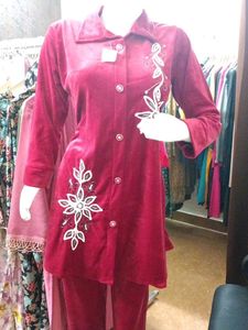 Party Wear Elegant Maroon Velvet Coord Set Suit