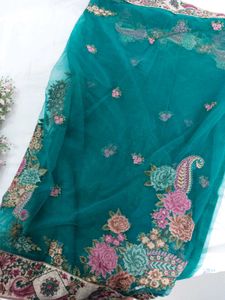 Floral-Paisley Embroidered Teal Green Net Saree