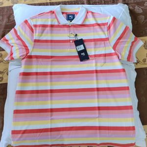 Original Peter England Men Tshirt Pink Yellow White Stripes Design