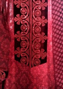 Red Velvet Pakistani Heavy Embroidered Kurta Set