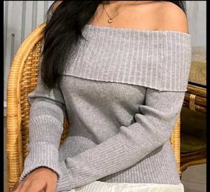 Gray Off-the-Shoulder Knit Top