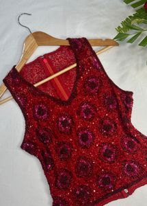 Red Sequin Beaded Sleeveless Top
