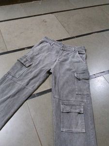Grey Denim Cargo Jeans With Good Condition