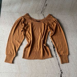 Mustard Knit Puff-Sleeve Sweater Top