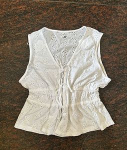 White Eyelet Tie-Front Tank