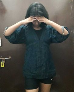 Dark Blue Embroidered V-Neck Blouse
