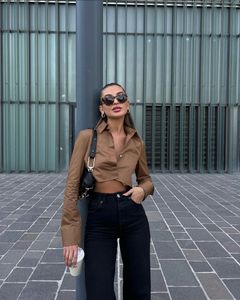 h&mCropped Brown Long Sleeve Shirt