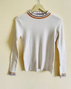 Striped Trim Funnel Neck Top