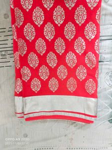 Elegant coral & Silver Saree with foil print