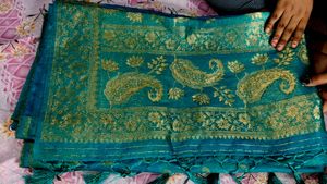 Teal &amp; Gold Embellished Saree