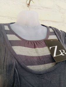 ZR Gray Striped Puff Sleeve Top