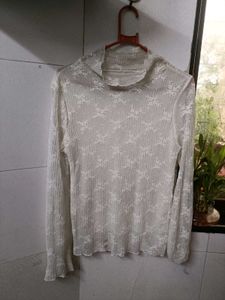Ivory Crinkled Lace Long Sleeve Sheer Top