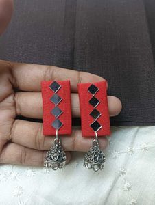 Red Rectangle Jhumka Earrings