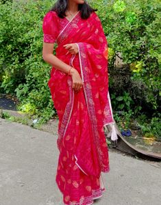 Elegant Pink Traditional Saree with Golden Leaf Pr
