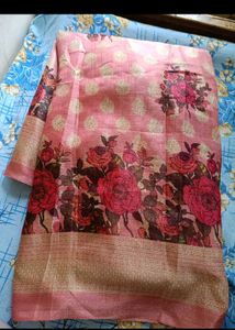 Beautiful Roses Printed Pink Banarasi Saree🌹💕