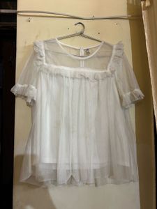 White Ruffle Detail Mesh Top