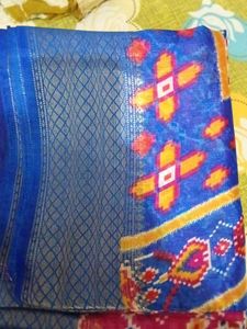 Blue &amp; Pink Patterned Saree With Stictted Blouse