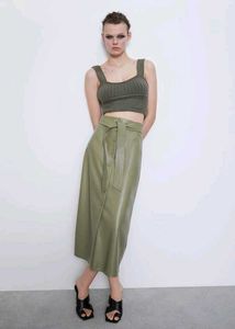 ZARA Khaki Faux Leather Buttoned Skirt with Belt