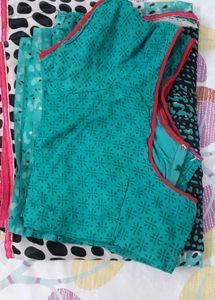 Aqua &amp; Black Polka Dot Print Fabric Saree n Blouse