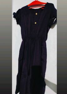 Navy Button-Front Dress with Tie Sleeves