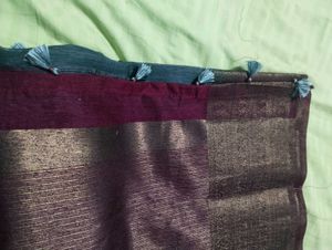 Grey Linen Mix Saree With Stiched Blouse