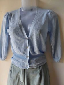 Light Blue Puff Sleeve Cardigan