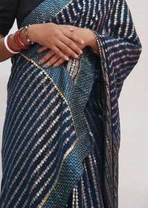 Elegant Navy &amp; Silver Foil Print Saree