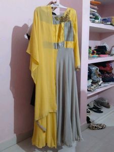 Elegant Yellow &amp; Grey Ethnic Dress