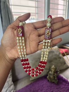 Red &amp; Pearl Beaded Necklace &amp; Earrings Set