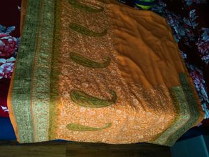 heavy peach embroidered saree