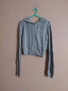 Grey Knit Zip-Up Hoodie
