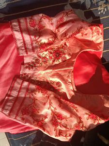 Coral Embroidered Sari Fabric