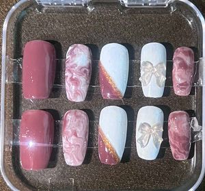 Coffin Shaped Nails With French Tip , Marble , Bow