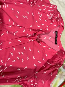 Pink Bird Print Tie Neck Top