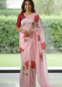 Floral Print Pink satin Saree