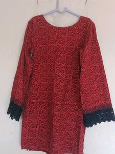 Red Floral Print Kurti with Lace