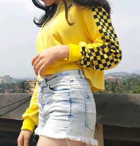Yellow Checkerboard Sleeve Crop Hoodie