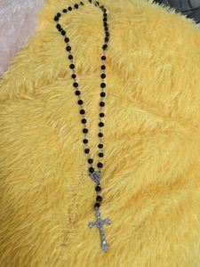 Black Beaded Rosary Necklace